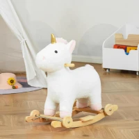 HOMCOM Baloiço Infantil em Forma de Unicornio para Crianças acima de 3 Anos Baloiço 2 em 1 com Rodas e Sons 45kg 63x38x63cm Branco(m-2)