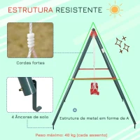 Outsunny Conjunto de Baloiços para Crianças com Suporte de Metal e Corda Ajustável 220x160x180 cm Verde e Vermelho(m-5)