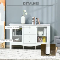 HOMCOM Aparador de Cozinha Armário Buffet com 2 Armários Porta de Vidro Prateleira Interior Ajustável e 4 Gavetas para Sala de Jantar Sala de Estar 136x45x85cm Branco(m-6)