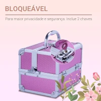 HOMCOM Estojo de Maquiagem Profissional Portátil de Cosméticos com Bandejas de 3 Níveis e Espelho 2 Chaves para Porta-Joias Manicure 15x15x20cm Rosa(m-5)