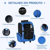PawHut Transportadora para Animais de Estimação 2 em 1 Mochila de Viagem com 2 Rodas para Cães Gatos com Alça Retrátil de Alumínio e Bolso de Armazenamento 42x25x55cm Azul(m-6)