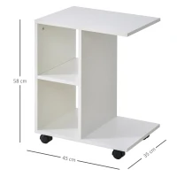 HOMCOM Mesa Auxiliar Moderna Mesa Auxiliar em Forma de C com Rodas e Prateleiras Abertas 45x35x58 cm Branca(m-3)