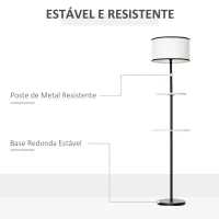 HOMCOM Candeeiro de Pé Moderno com 2 Mesinhas Auxiliares Suporte para Lâmpada E27 Máx. 40W e Interruptor de Pé para Sala de Estar Dormitório Estúdio Ø40x170cm Preto e Branco(m-5)