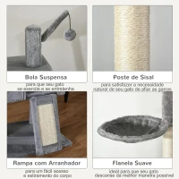 PawHut Árvore Arranhador para Gatos para Fixar ao Teto Altura Ajustável 238-270cm com Rede Caverna Rampa Bola pendurada 60x40x270cm Cinza Claro(m-6)
