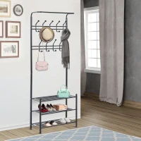 HOMCOM Móvel Cabide de Entrada com 18 Ganchos e Sapateira Armário de Entrada com Cabide com 3 Prateleiras 67x30x185 cm Preto(m-2)