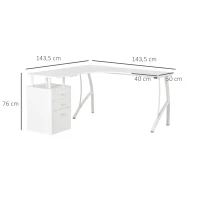 HOMCOM Secretária de Canto para Computador Secretária em Forma de L com 3 Gavetas Moderna para Escritório 143,5x143,5x76cm Branco(m-3)