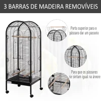 PawHut Gaiola para Pássaros com 3 Poleiros de Madeira Amovíveis Bandeja Comedouros e Rodas com Travão 54x54x151 cm Preto(m-5)