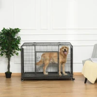 PawHut Gaiola dobrável de metal com rodas e freios Bandeja  removível e porta com travas125x76x81 cm Cinza escuro(m-12)