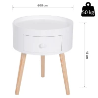 HOMCOM Mesa Apoio Redonda com 1 Gaveta Borda Elevada e 3 Pés de Madeira  Estilo Moderno Ø38x45 cm Branco(m-3)