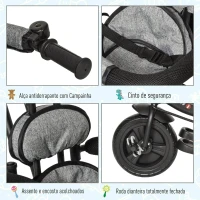 HOMCOM Triciclo para Crianças 2 em 1com capota ajustável acima de 18 Meses cinza 92x51x110cm(m-7)