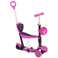 HOMCOM 5 em 1 trotinete para crianças de acima de 1 ano 3 rodas trotinete com assento removível guiador ajustável 62x25x72,5 cm Rosa(m-1)