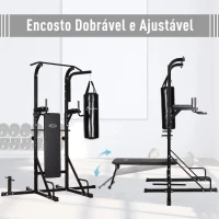 HOMCOM Estação de Musculação Dip com Banco de Pesos Reclinável Saco de Boxe e Barra de Elevação Torre de Treinamento Fitness 180x183x219cm Preto(m-4)