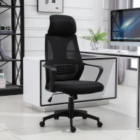 Vinsetto Cadeira de escritório ergonômica Cadeira de mesa inclinável ajustável em altura com encosto de braço Encosto de cabeça 5 rodas Suporta até 120 kg 64x58x116-126 cm Preto(m-2)