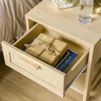 HOMCOM Mesa de cabeceira em malha Mesa lateral com gaveta e prateleira inferior em DM e vime para quarto Sala 40x40x48 cm Cor madeira(m-8)