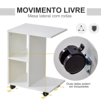HOMCOM Mesa Auxiliar Moderna Mesa Auxiliar em Forma de C com Rodas e Prateleiras Abertas 45x35x58 cm Branca(m-7)