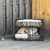 PawHut Cesta de Vime para Gatos de 2 Alturas Cama Caverna de Gatos com 2 Almofadas Suaves e Janela 56x41x45cm Café Escuro(m-7)