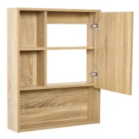 kleankin Armário para banheiro de madeira montado na parede com espelho, porta de vidro e prateleira aberta ajustável  60x 15x 76cm em grão de carvalho(m-11)