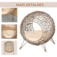 PawHut Cama Caverna de vime para Gatos Cesta para Animais de Estimação Pequenos com Base Tripé Almofada Suave 2 Entradas Desenho Elevado Ø50x56cm Caverna Marrom e Almofada Bege(m-7)