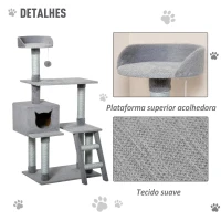 PawHut Árvore Arranhadora para Gatos Torre de Escalada com Plataformas Escada Caverna Postes de Juta e Bola Suspensa 60,5x40x124cm Cinza(m-7)