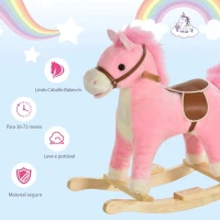 HOMCOM Cavalo Baloiço para Crianças Cavalo Baloiço de Pelúcia Suave com Música Relinchos Sons de Galope Boca e Cauda Móveis 65x32,5x61 cm Rosa(m-7)