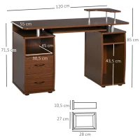 HOMCOM Secretária para computador com prateleiras múltiplas Bandeja para teclado Suporte para CPU e 2 gavetas 120x55x85 cm Marrom(m-3)