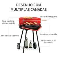 Outsunny Barbecue a Carvão com Rodas Grelha com Altura Ajustável e Prateleira de Armazenamento 51x70x75,5 cm Preto e Vermelho(m-7)