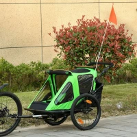 HOMCOM Reboque de Bicicleta para Crianças acima de 18 Meses 2 em 1 Carrinho de Passeio de 2 Lugares com Guidão de Altura Ajustável Barra Bandeira e Refletores 160x83x96cm Verde e Preto(m-2)