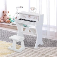 HOMCOM Piano Elétrico Infantil de 37 Teclas Conjunto de Piano com Microfone Banco Luzes e 22 Canções USB/MP3/Bluetooth Karaokê 53,5x27x63cm Branco(m-2)