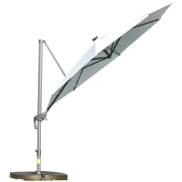 Outsunny Chapéu de Sol Excêntrico Φ300x248cm com Proteção UV 50+ Giratório 360º com Manivela Luzes LED Painel Solar e Teto Reclinável Branco(m-1)