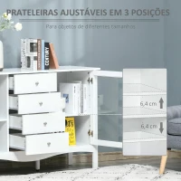 HOMCOM Aparador de Cozinha Armário Buffet com 2 Armários Porta de Vidro Prateleira Interior Ajustável e 4 Gavetas para Sala de Jantar Sala de Estar 136x45x85cm Branco(m-5)