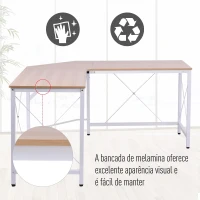 HOMCOM Secretária em Forma de L Secretária para Escritório com Estrutura de Metal Secretária de Canto 150x150x76 cm Branco e Madeira(m-8)