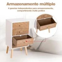 HOMCOM Mesa de Cabeceira com 4 Gavetas Amplo Espaço de Armazenamento para Dormitório 40x30x75 cm Branco e Madeira(m-6)