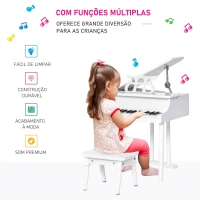 HOMCOM Piano de Cauda Infantil com 30 Teclas Banco Suporte de Partituras Piano para Crianças de MDF Instrumento Musical Educativo 52x50x49cm Branco(m-6)