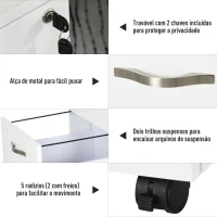 HOMCOM Bloco de Gavetas para Escritório Móvel de Arquivos com 5 Rodas Fechadura para Secretária Casa 40x45.5x52.5 cm Branco(m-4)