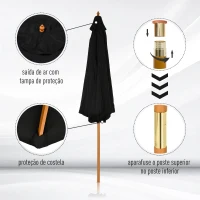 Outsunny Chapéu de Sol de Jardim Ø300x250cm com Sistema de Polia Teto Ventilado e Mastro Desmontável de Madeira para Terraço Pátio Exterior Preto(m-7)