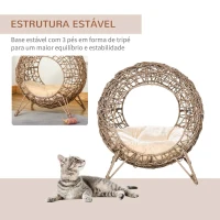 PawHut Cama Caverna de vime para Gatos Cesta para Animais de Estimação Pequenos com Base Tripé Almofada Suave 2 Entradas Desenho Elevado Ø50x56cm Caverna Marrom e Almofada Bege(m-6)