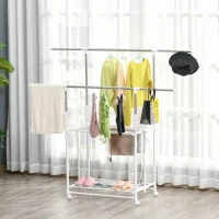 HOMCOM Charriot Dobrável para Roupa com Rodas Barras para Pendurar Extensíveis Altura Ajustável e 2 Prateleiras 88-157x50x95-160cm Branco(m-2)