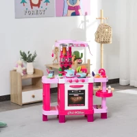 HOMCOM Cozinha para Crianças acima de 3 Anos Cozinha Infantil com 38 Acessórios Luz Som 78x29x87 cm Rosa(m-2)