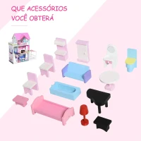 HOMCOM Casa de bonecas 3 andares com Pátio Mobília acessórios Madeira 86x30x87 cm Rosa(m-6)