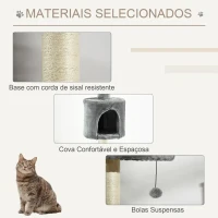 PawHut Árvore Arranhador para Gatos para Fixar ao Teto Altura Ajustável 229-235cm 260-266cm com Plataformas Caverna Postes de Sisal Bolas Penduradas  40x40x217 cm Cinza Claro(m-7)