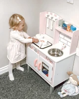 HOMCOM Cozinha  de brinquedo para crianças acima de 3 anos brinquedo educativo com espaço de armazenamento acessórios incluídos  som 55x 30x 80cm rosa(m-5)