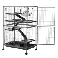 PawHut Gaiola grande para Roedores 80x52x128 cm Casa de 4 Alturas com Rampas Suspensa Rede Bandeja Removível Rodas Portas Cinza Prateado(m-7)
