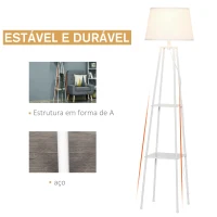 HOMCOM Lâmpada de pé Tripé de metal Soquete E27 de Máximo 40W com tela de linho e prateleira de 2 níveis 35,5x35,5x158 cm Branco(m-5)