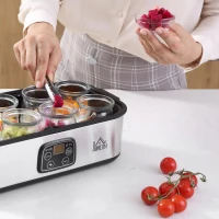 HOMCOM Iogurteira 30W Volume 1,44L com 8 Frascos de Cristal de 180ml Termostato Ajustável Temporizador de 1-48 Horas e Desligado Automático 36x18,8x14cm Prata(m-9)
