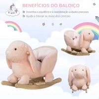 HOMCOM Baloiço Infantil com Forma de Coelho de Pelúcia Baloiço para Bebés 18-36 Meses com Som Cinto de Segurança Guidão e Apoio para os Pés 60x33x50cm Rosa(m-4)