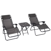 Outsunny Conjunto de 1 Mesa e 2 Espreguiçadeiras Conjunto de Exterior Dobrável e Portátil para Jardim Praia Relaxante com Encosto Reclinável Textilene Aço Cinza(m-1)
