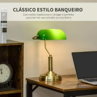 HOMCOM Candeeiro de Mesa Estilo Banqueiro com Interruptor de Corda e Ecrã de Cristal Candeeiro Decorativo de Metal para Dormitórios Sala de Estar 27,5x17,5x39cm Verde(m-4)