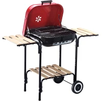 Outsunny Barbecue a Carvão com Prateleiras de Madeira e Rodas Barbecue e Carvão para Campismo Pátio 98x49x81 cm Preto e Vermelho(m-1)