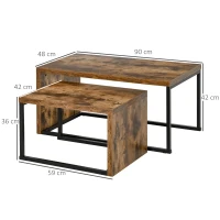 HOMCOM Conjunto de 2 Mesas de Centro Mesinhas de Café com Pés de Metal Estilo Industrial para Sala de Estar Sala de Jantar 90x48x42cm e 59x42x36cm Marrom Rústico(m-3)