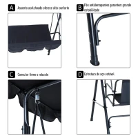 Outsunny Balanço de jardim de metal 3 lugares com toldo ajustável e almofada  172x110x153cm preto(m-6)
